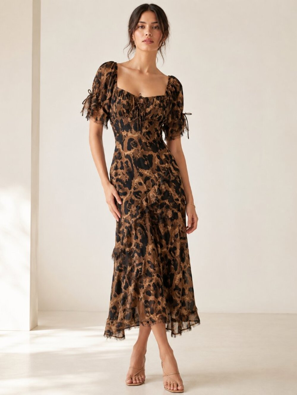Topshop Leopard Print Tie Lace-Up Ruffle Midi Dress Brown size 6